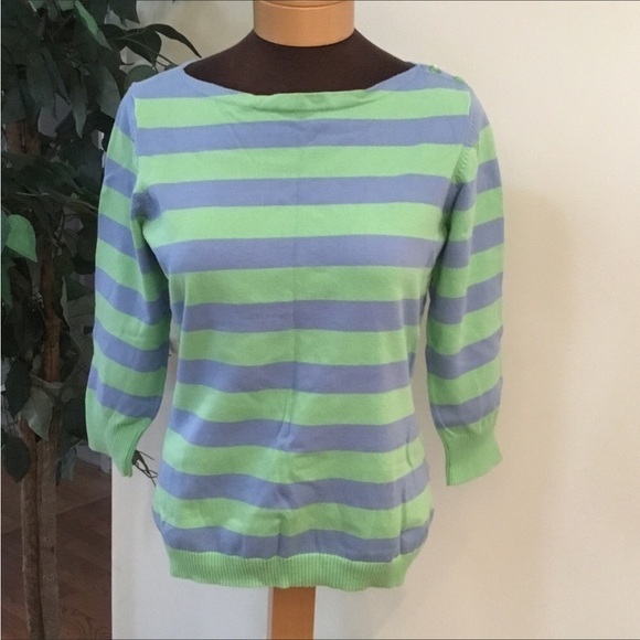 Izod 3/4 sleeve top Womans large green blue stripe banded hem button shoulder - Picture 1 of 8